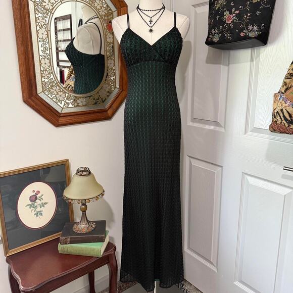 VTG Y2K Cache Dark Green & Black Mesh Crochet Beaded Formal Maxi Dress 2/XS - Picture 1 of 7